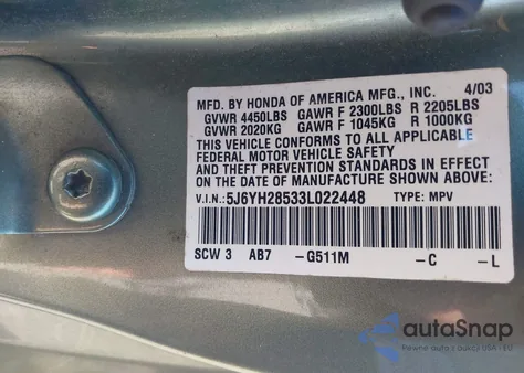 2003 Honda Element Ex z USA, uszkodzony, nr VIN 5J6YH28533L022448